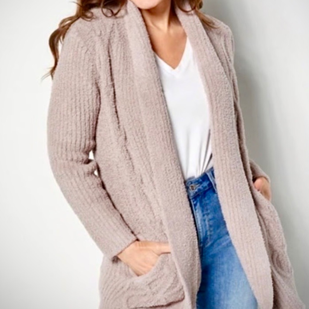 Barefoot Dreams Cozychic Cable Knit Chunky Cardigan Jacket Open Front Taupe Med